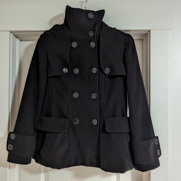 Black Double Breasted Button Up Winter Pea Coat - Picture 3 of 7